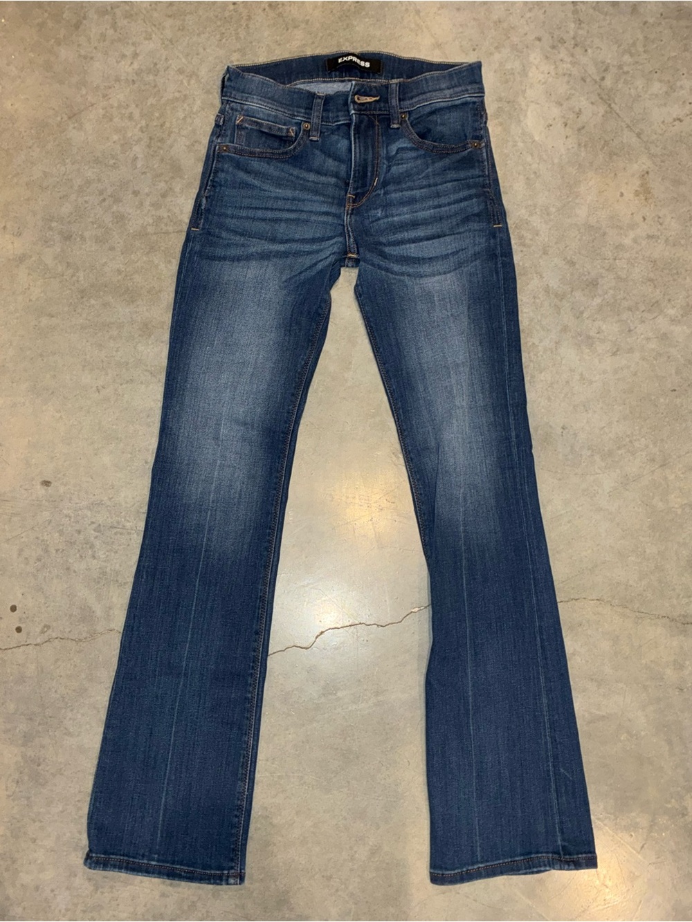 Express Barely Boot Mid Rise Jeans 00 Short Dark Wash Stretch